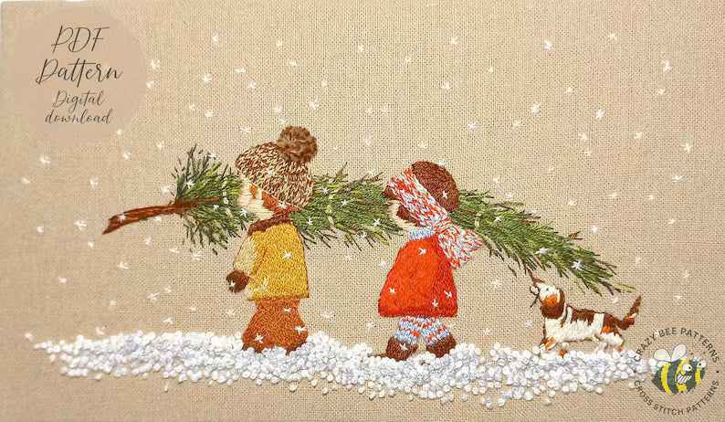 Christmas Tree Hand Embroidery Pattern - Christmas Pdf Embroidery Pattern - Christmas Children and Tree (PDF Pattern)