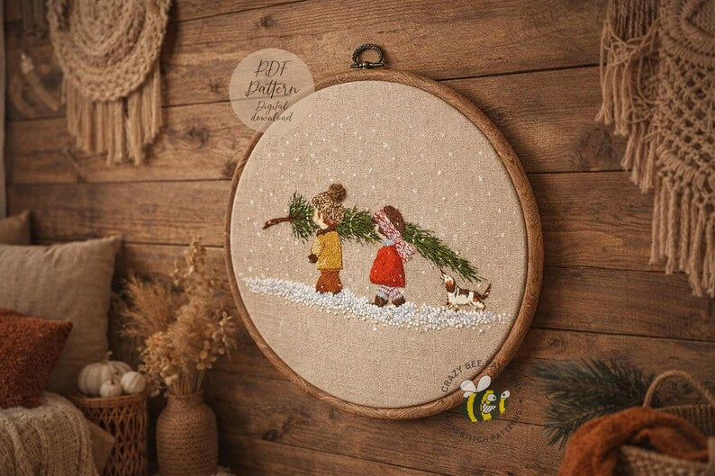 Christmas Tree Hand Embroidery Pattern - Christmas Pdf Embroidery Pattern - Christmas Children and Tree (PDF Pattern)