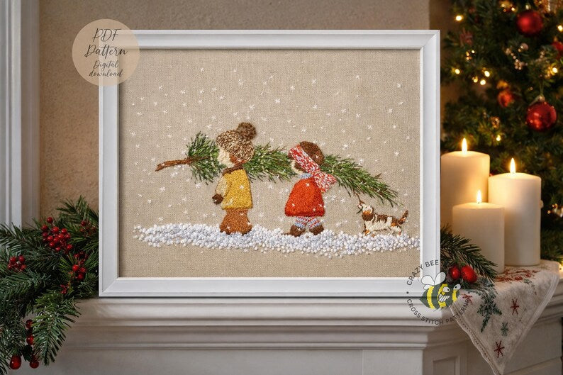 Christmas Tree Hand Embroidery Pattern - Christmas Pdf Embroidery Pattern - Christmas Children and Tree (PDF Pattern)